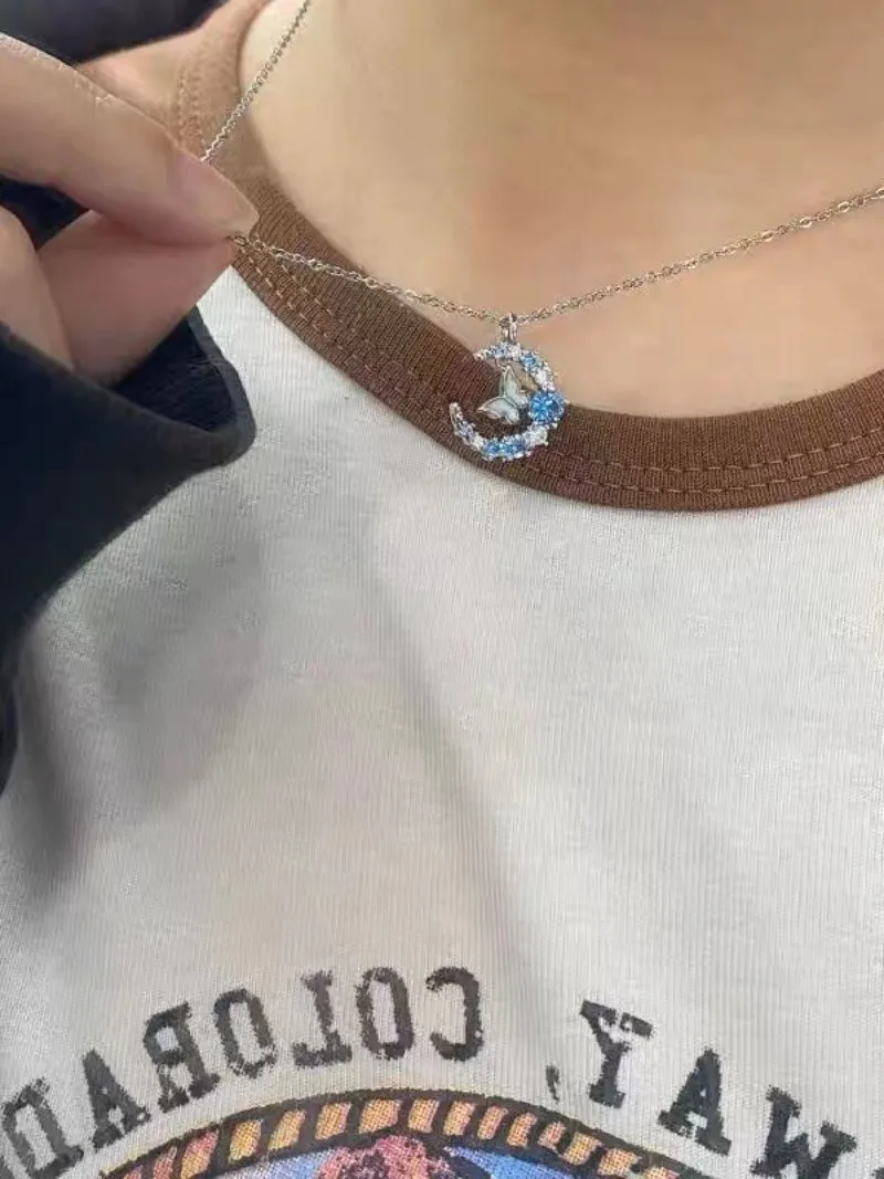 Butterfly Party Pendant Necklace Women Fashion Minimalist Temperament Sweet White Blue Moon Choker Chain Wedding Jewelry