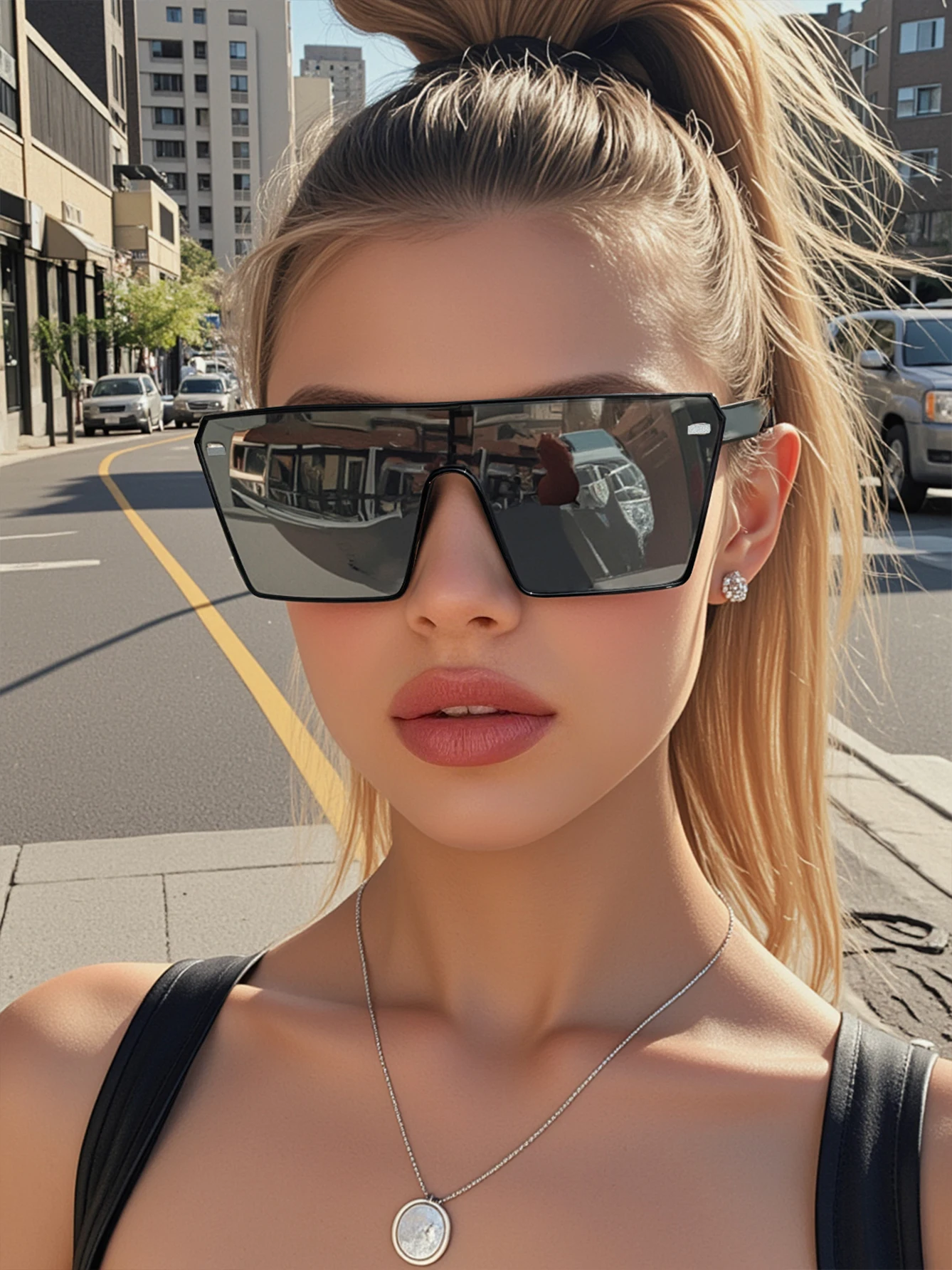 

New style integrated stud European and American large-frame one-piece hip-hop fashion unisex sunglasses.