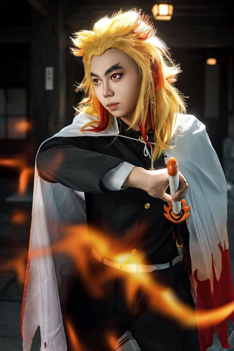 Anime Demon Slayers Rengoku Kyoujurou Cosplay Costume Adult Kids Wig Kimono Uniform Carnival Party Kimetsu No Yaiba Robe Suits