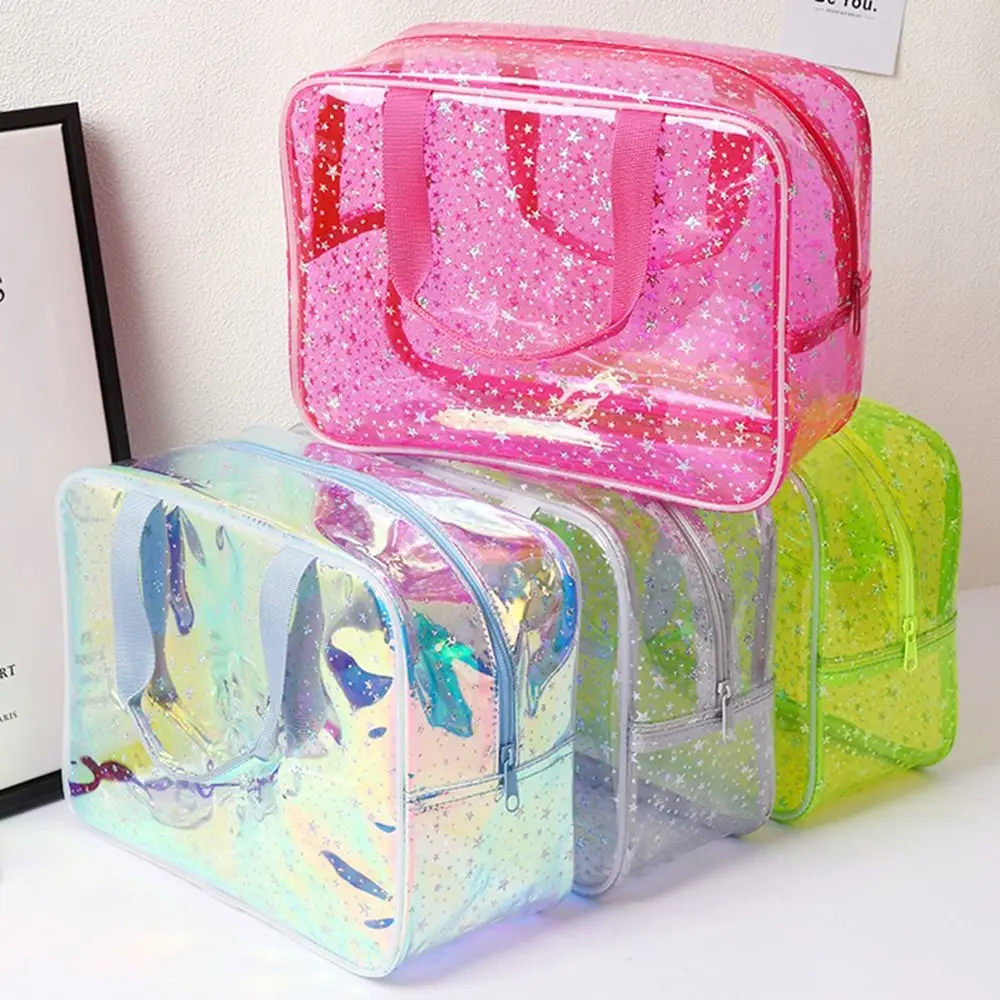 PVC Waterproof Transparent Makeup Bag Glitter Stars pattern Portable Cosmetic Pouch Smooth zipper Large capacity