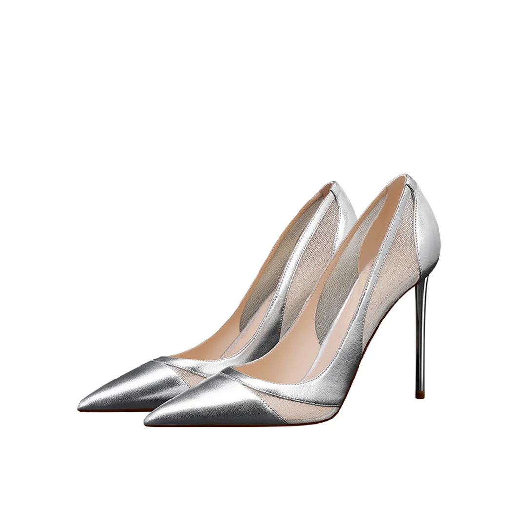 

2024 Spring New Style Spliced ​​Mesh Silver High Heels Women's Pointed Toe Shallow Mouth Temperament Stiletto 6CM 8CM 10CM Shoes