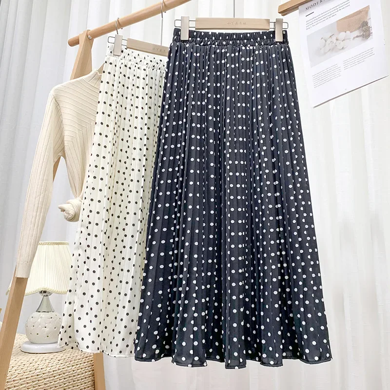 TFETTERS Mulheres Saias Chiffon Plissada Saia Mulheres Primavera e Verão Coreano Polka Dot Branco Saias Plissadas para As Mulheres Roupas