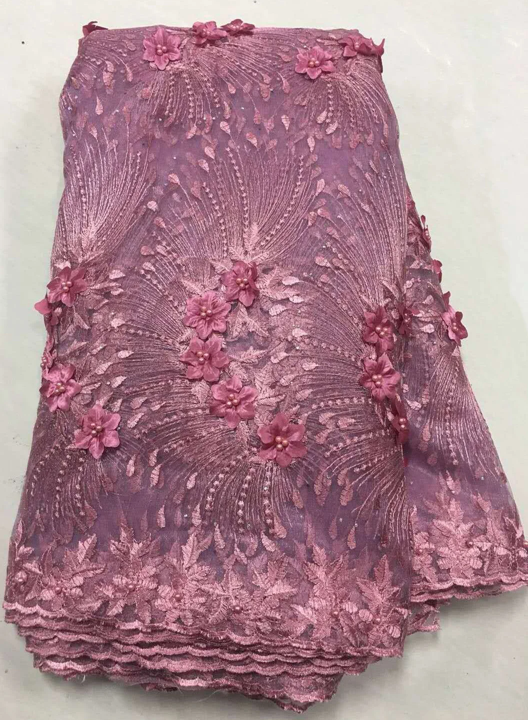 

Pink African Lace Fabric 2021 3D Flowers Beaded Tulle Lace Fabric High Quality Beautiful French Tulle Lace Fabric ZA165