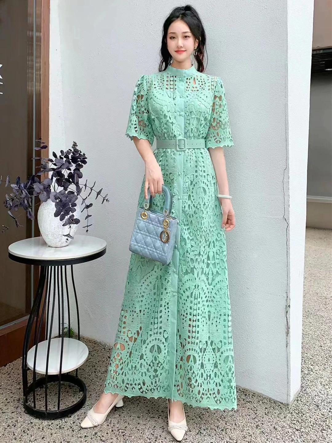 Spring Summer Women Half Sleeve Belt Slim Long Dress High Quality Vintage Hook Flower Hollow Chemical Lace Single Breasted Dress