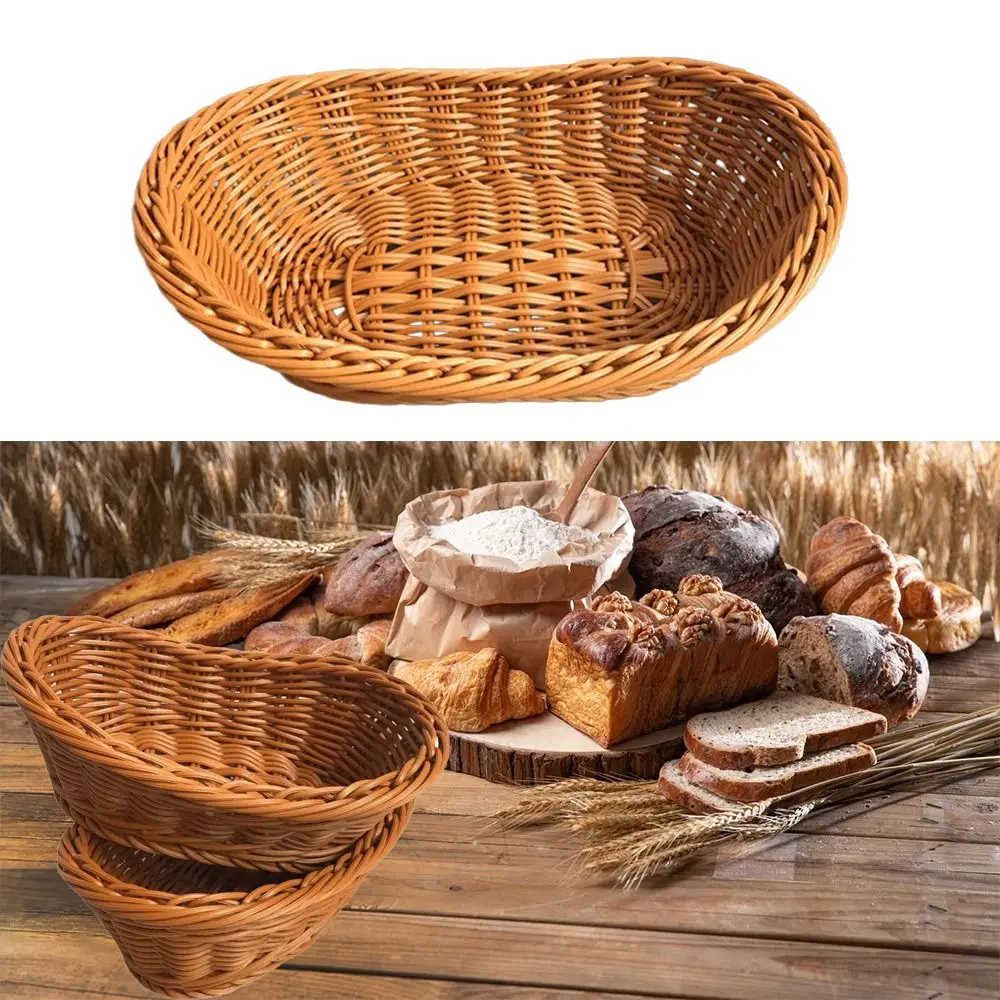 Imitate Rattan Kitchen Storage Basket Creative Brown Oval Bread Tray Living Room Vegetable Fruit Flower Organization Box