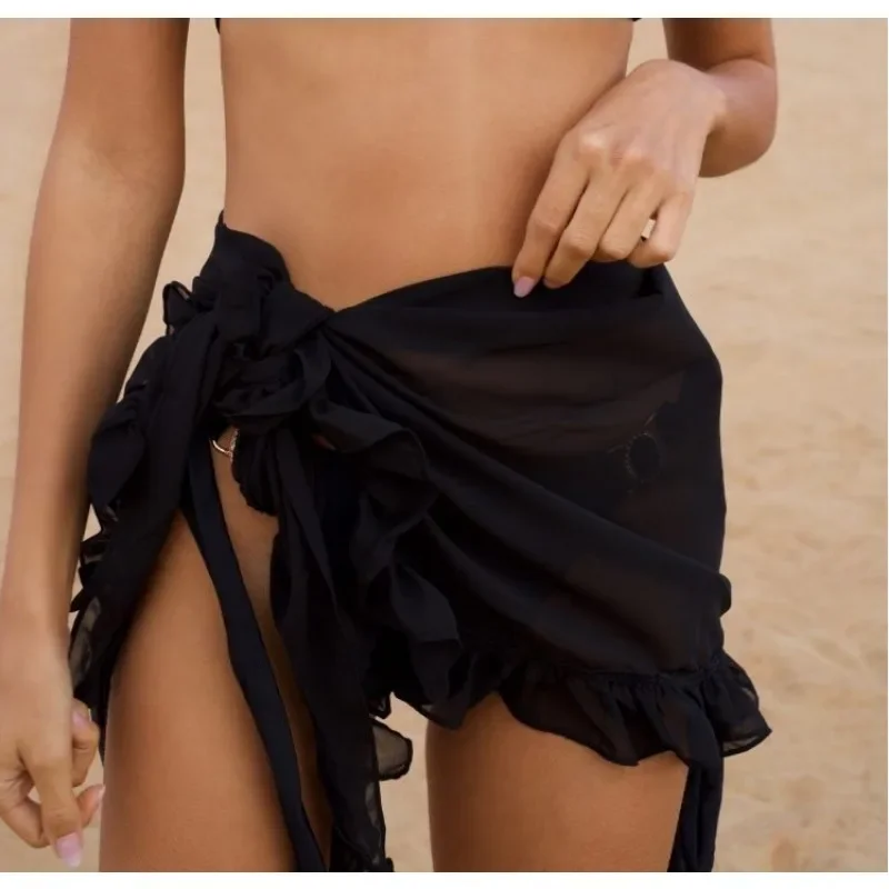 Jupe de plage courte et fine en mousseline de soie pour femme, cover-up, sexy, maillot de bain, bikini, parbones, Industries ong, transparent, à volants