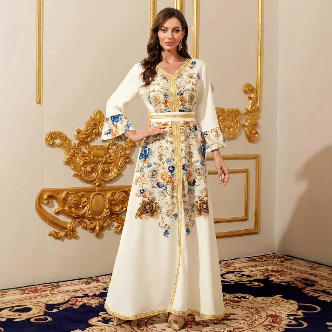 Muslimische Kleider Frauen Türkische Druck Abaya Schärpen Jalabiya Ramadan Islam Vestidos Arabischen Party Lange Robe Marokko Dubai Abayas Kaftan