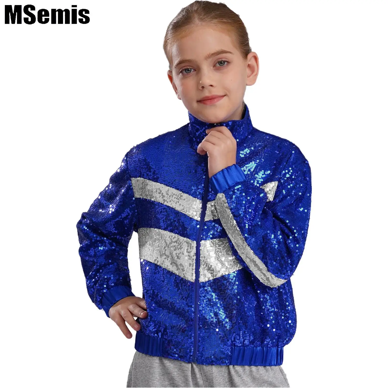 

Kids Girls Sequins Jazz Dance Jacket Performance Costume Color Block Glittery Sequins Coat Outerwear