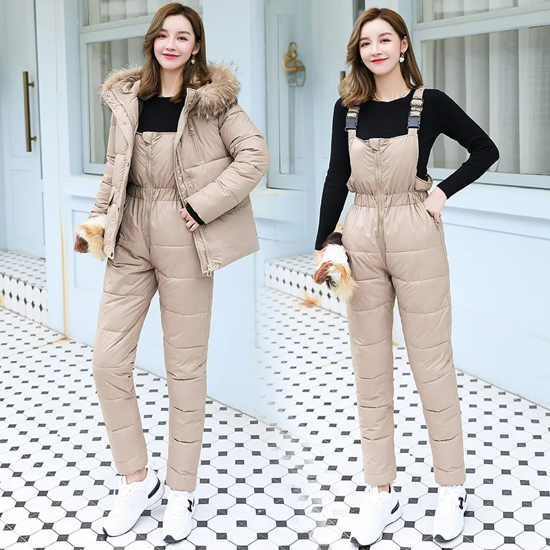 Padded Hooded Fur Collar Long Sleeve Coat And Pants Set For Women Two Piece Warm Winter Ski Suit Outdoor
