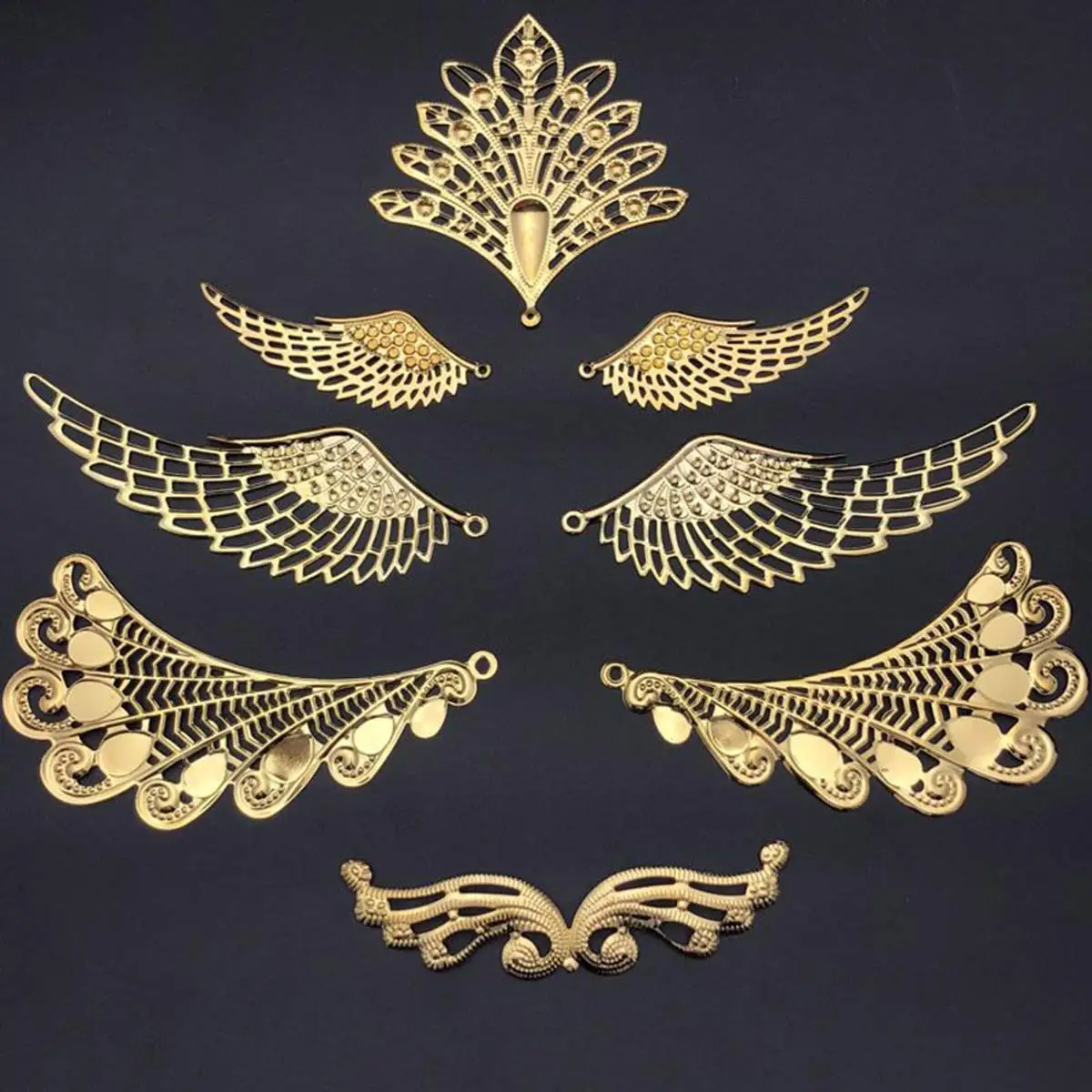50PCS Embellishments Multi-style Metal Hollow Filigree Wraps Phoenix Wing Dragon Flower Crafts Jewelry DIY Decora Accessories