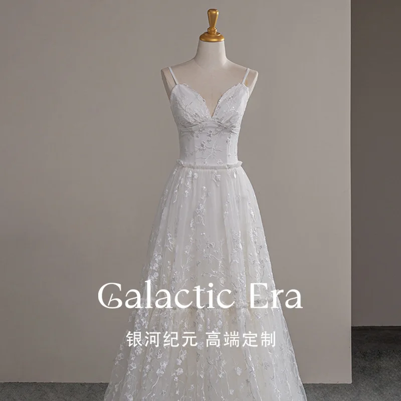 

French Style Bride Lace Sheer Niche Design Custom Wedding Dress Outdoor Sheer Wedding Gown