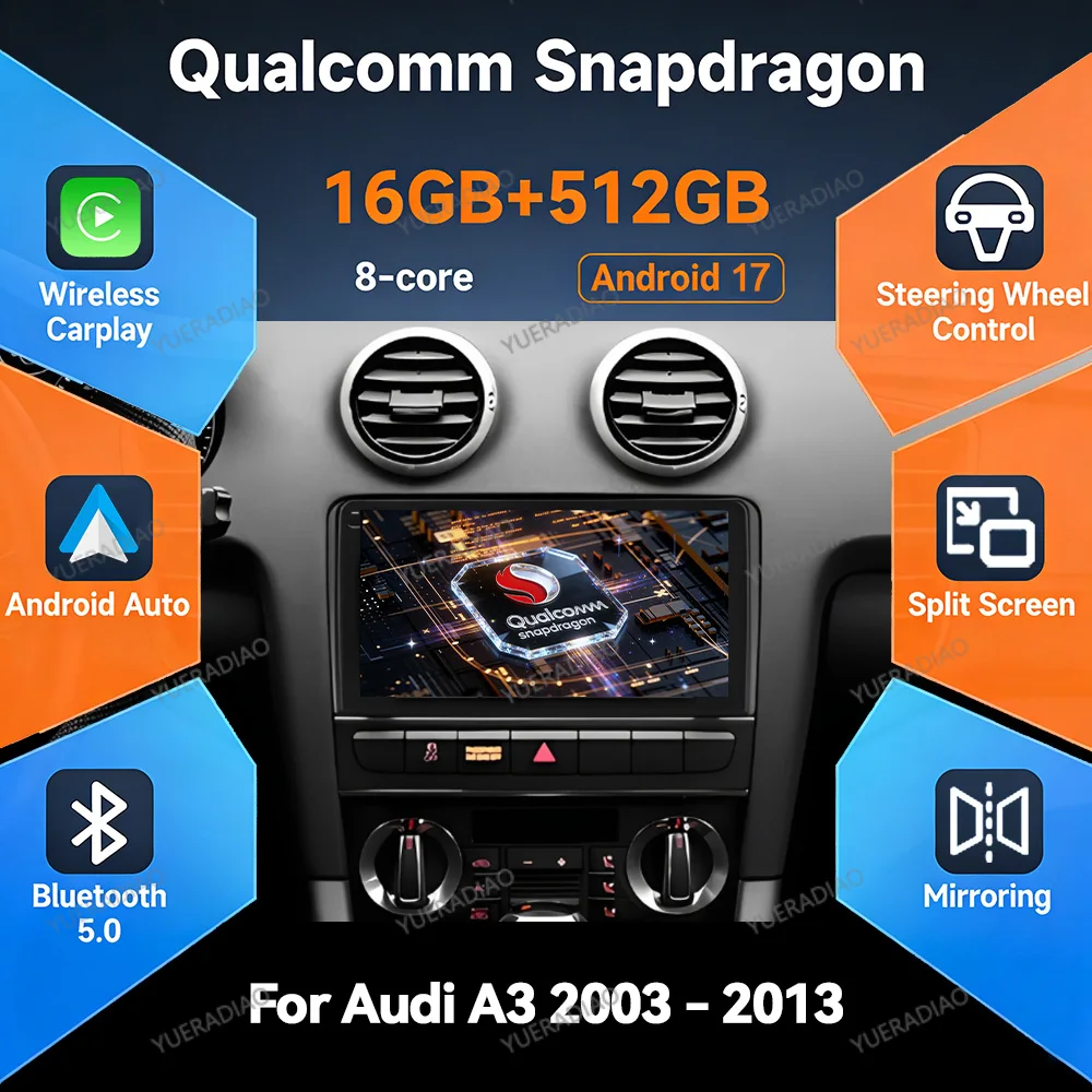 Android 17 Autoradio für Audi A3 8P 2003 - 2013 GPS NAVI 4G LTE 5G WIFI 2DIN QLED BT Qualcomm Multimedia Stereo Videoplayer