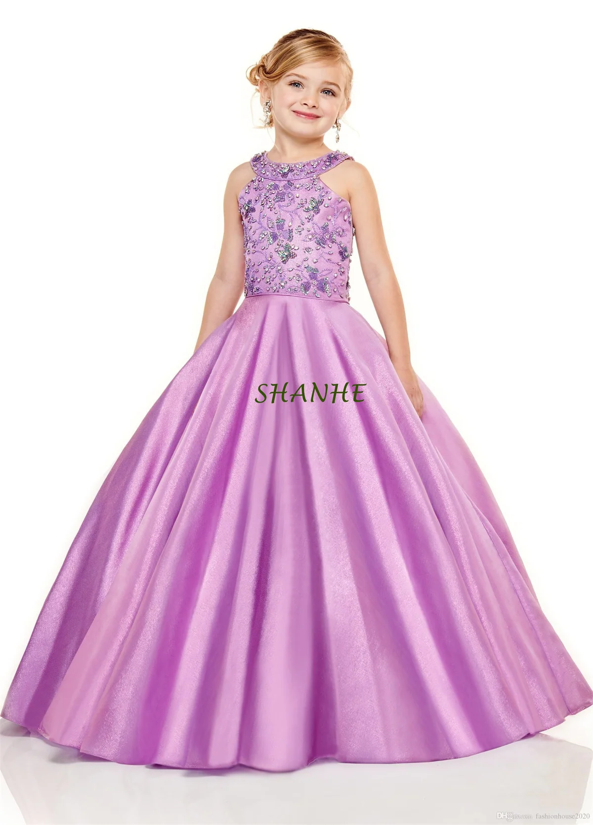 New Princess Flower Girls Dresses Sleeveless Halter Lace Appliques Beaded Sleeveless Satin Hollow Back Floor Length Girls Pagean