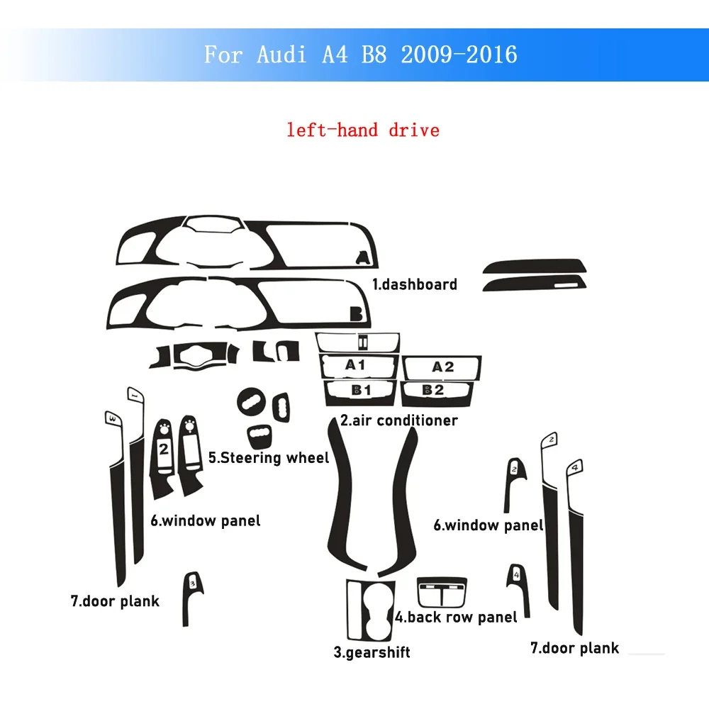 Image of Kohlefaser-Aufkleber für Audi A4 B8 2009-2016, Innenraumfolie für Mittelkonsole, Schalthebel, Armaturenbrett, Luftauslass, Türgriff, Hebefeld