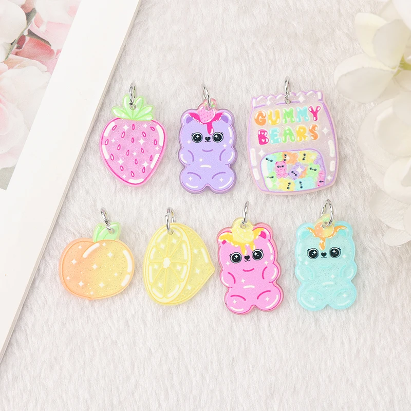 10 Pcs Acrylic Bear Candy Charms Cute Fruit Design Strawberry Lemon Peach Diy Pendants For Earring Keychain Necklace Making