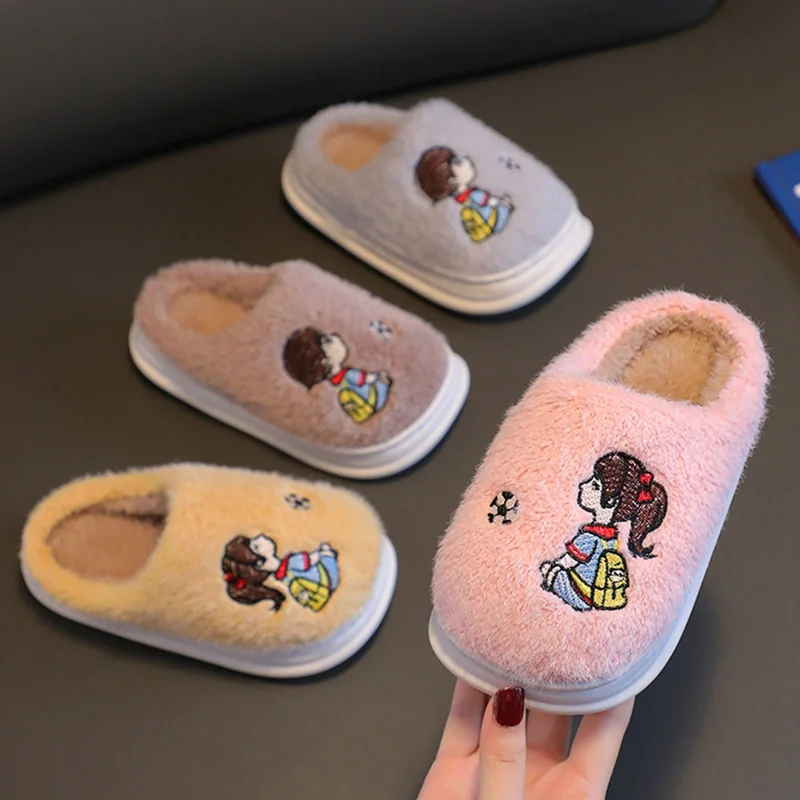 Winter Cotton Children Slippers Cute Warm Plush Anti-Slip Thick Sole Home Shoes Funny Cartoon Fuzzy Slippers Boy Girl Flat Shoes