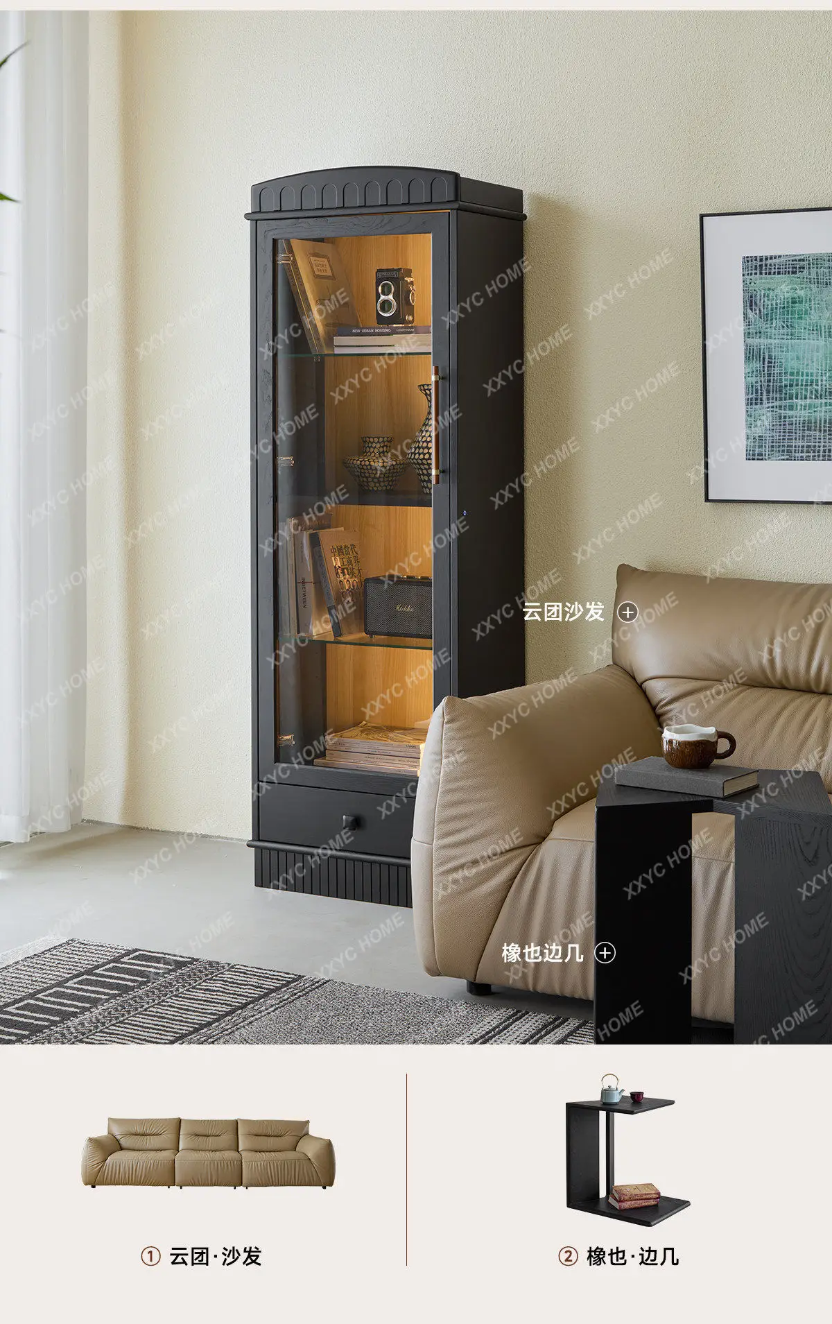 Retro solid wood display cabinet Floor-to-ceiling bookcase Figure display cabinet Glass door Integrated living room storage