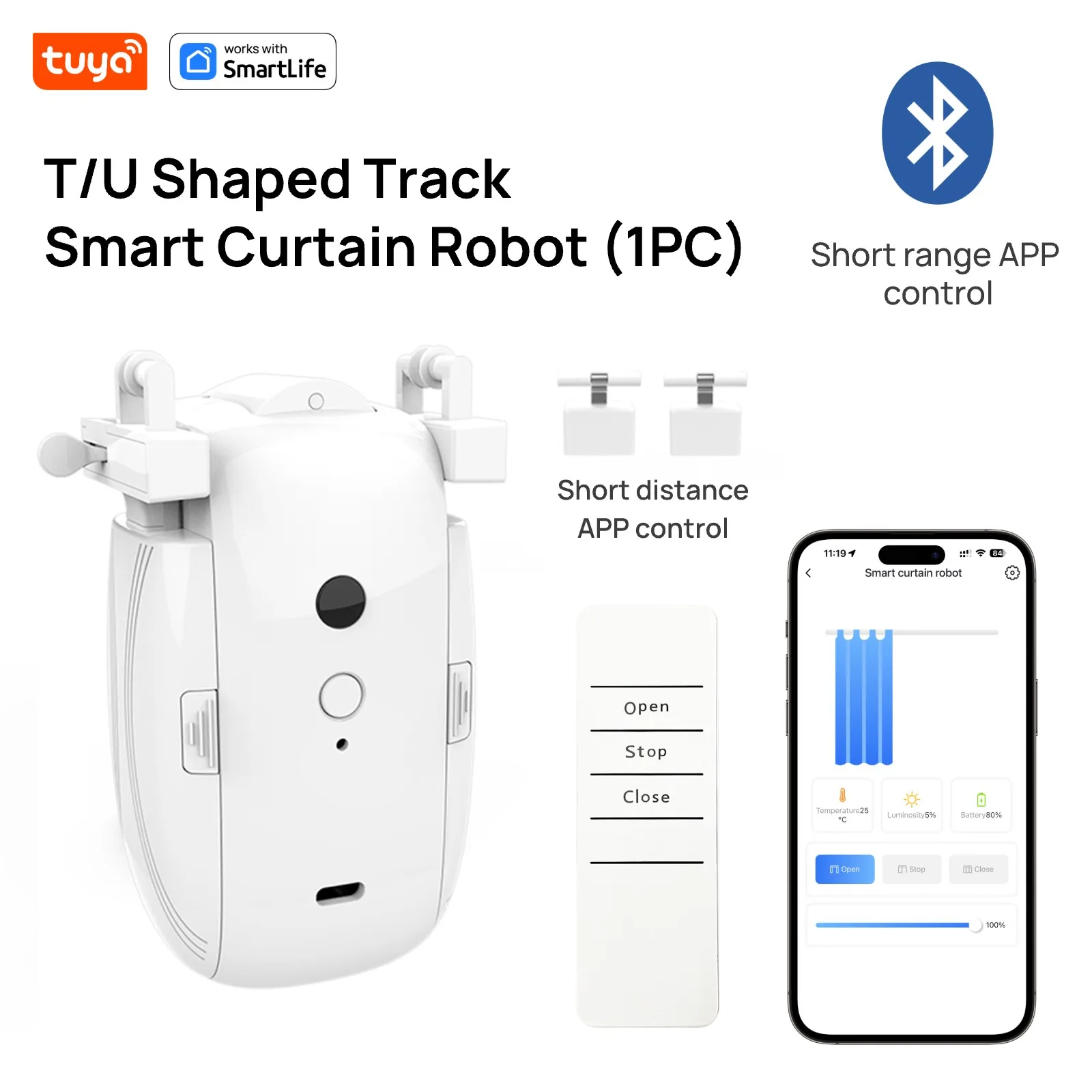 Motor de Cortina Inteligente Tuya (Trilho T/U) - Modo Duplo: Controle via APP Bluetooth de Curto Alcance e Controle Remoto, Alcance de 10M, Temporizador, Capacidade de 8KG