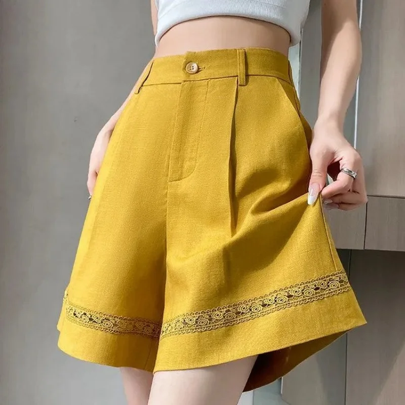 Women Summer Short Set Yellow Loose Shorts with Lace Trim and White Navy Matching Tops Sleeveless Crop Top Casual Outfit