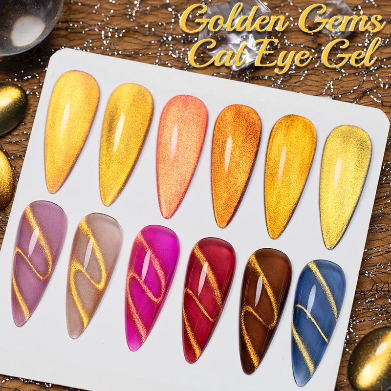 PUENTE Golden Gems Cat Magnetische Gel Nagellak Super Glanzend Goud Glitter Cat Eye Losweken UV/LED Semi-permanente Nail Art Vernis