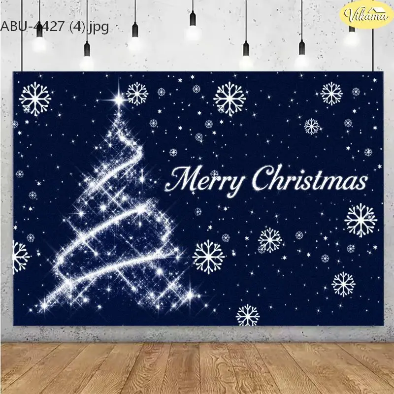 VIKAMA Navy Blue Glitter Christmas Tree Photography Backdrop Snowflakes Merry Xmas Family Portrait Photo Background Home Studio