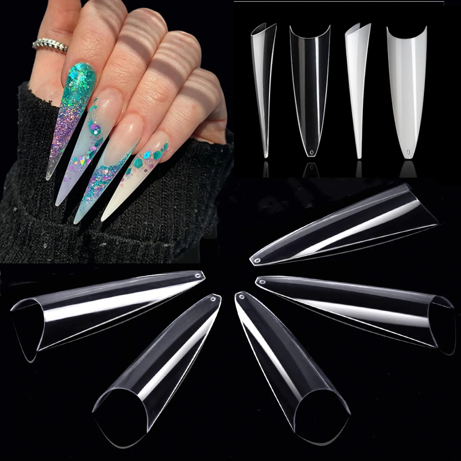 Clear Stiletto Nail Tips -Makartt 500PCS Half Cover Long Pointed False Nail Tips Acrylic XL Natural Fake Nails DIY Manicure