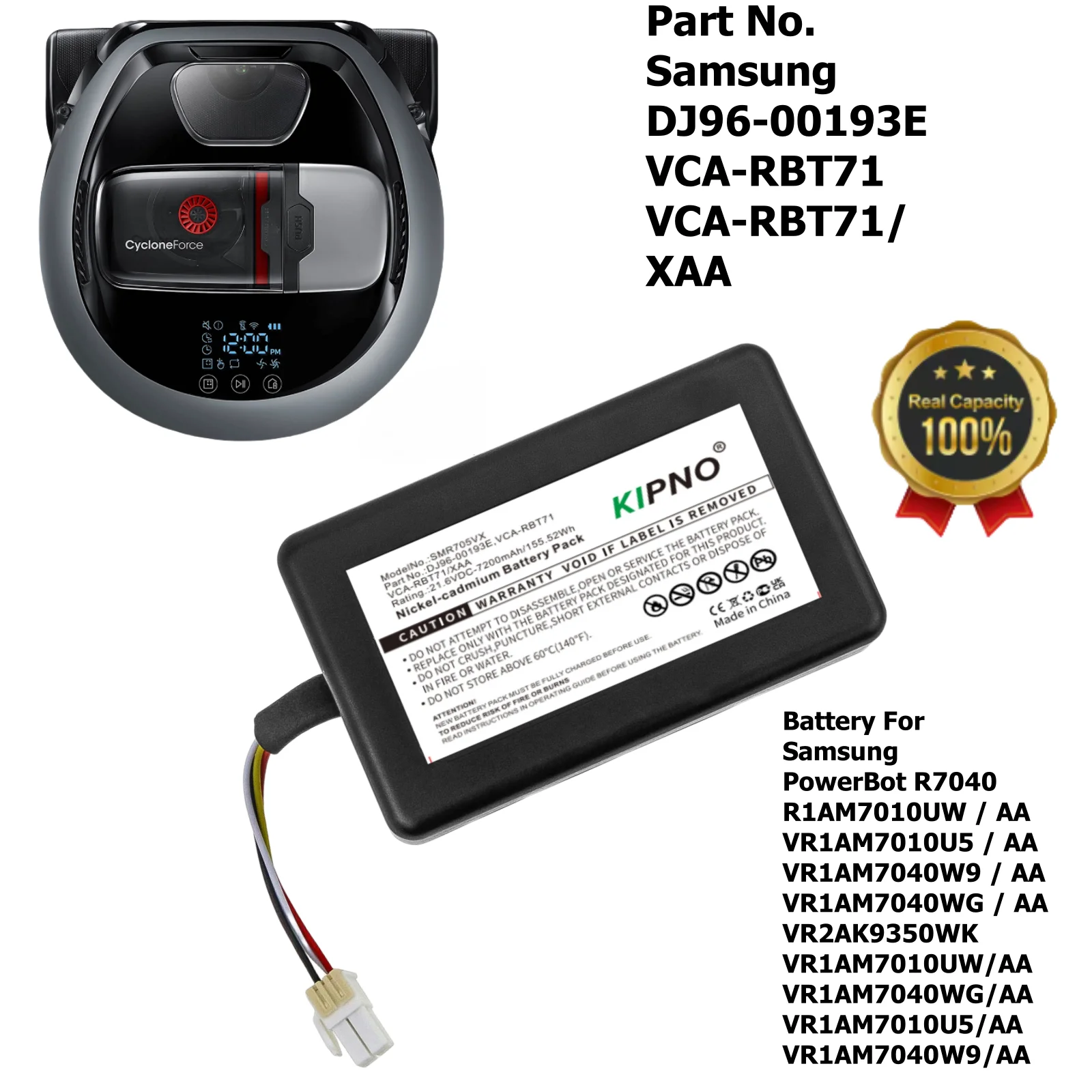 KIPNO Vacuum 7200mAh Battery for Samsung DJ96-00193E VR1AM7040WG/AA VR2AK9350WK VR1AM7010UW/AA VR1AM7040WG/AA VR1AM7010U5/AA