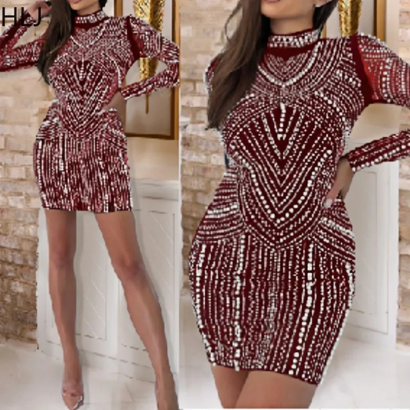 

HLJ Fashion Pearls Rhinestone Bodycon Party Club Mini Dresses Women Round Neck Long Sleeve Slim Zipper Vestidos Female Clothing