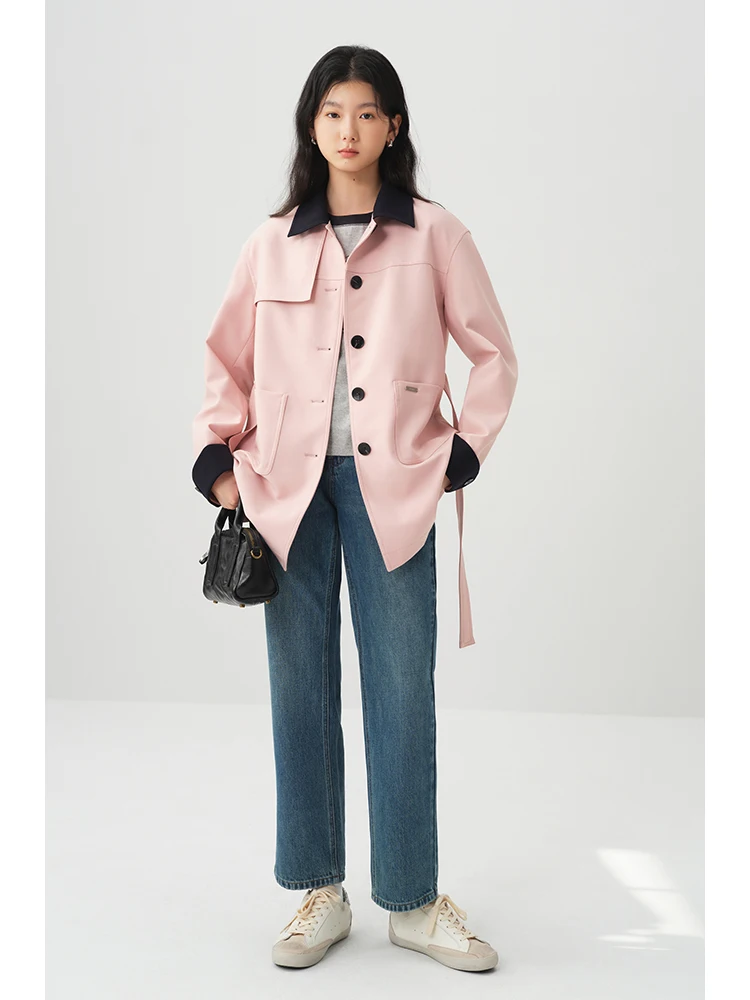 ZIQIAO Petite Pink British Style Mid Length Trench Coat For Women\'s 2024 Spring New Korean Contrasting Casual Coat 24ZQ91079