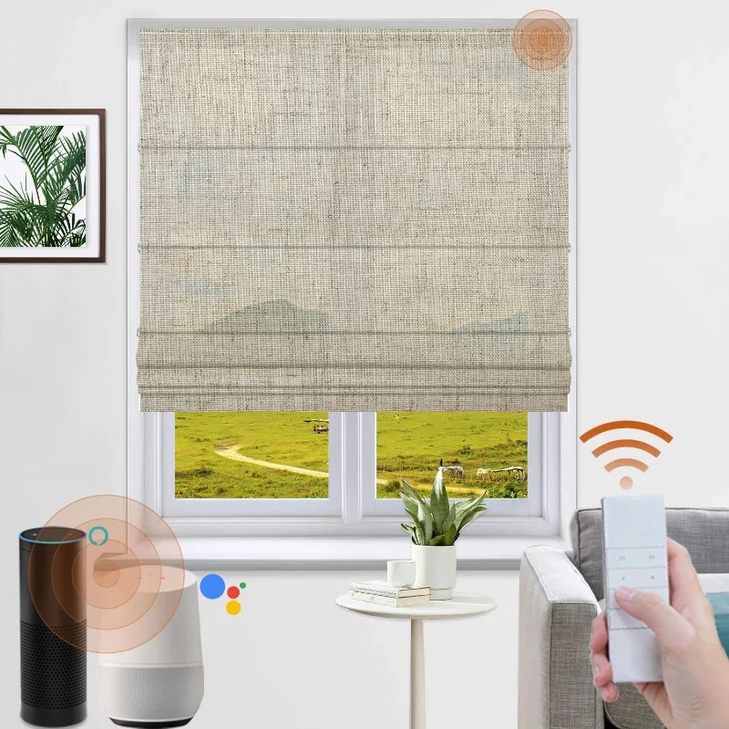 Smart  Motorized Roman Shades Linen Fabric Cordless Roller Blinds For Window Google Alexa Compatible