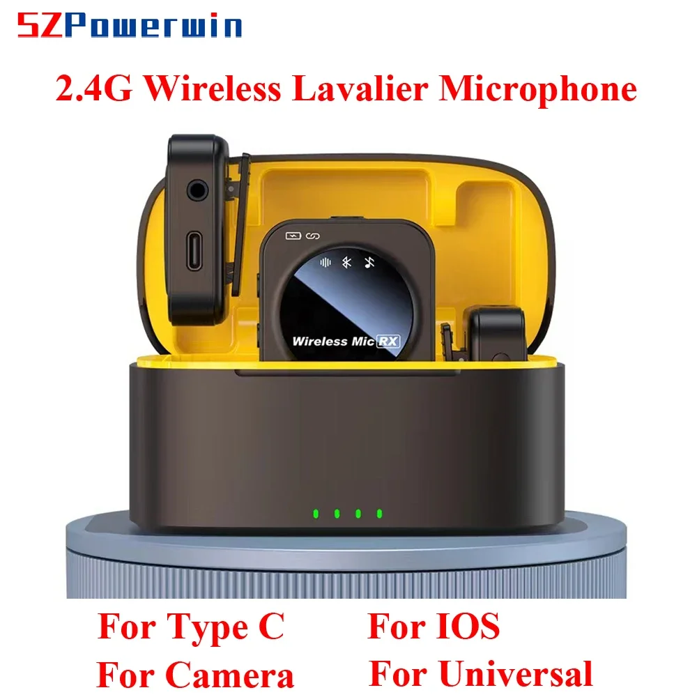 

Powerwin New 2.4G Wireless Lavalier Microphone 50M Transmittion Bluetooth Charging Base for IOS Type C Camera Noise Reduction