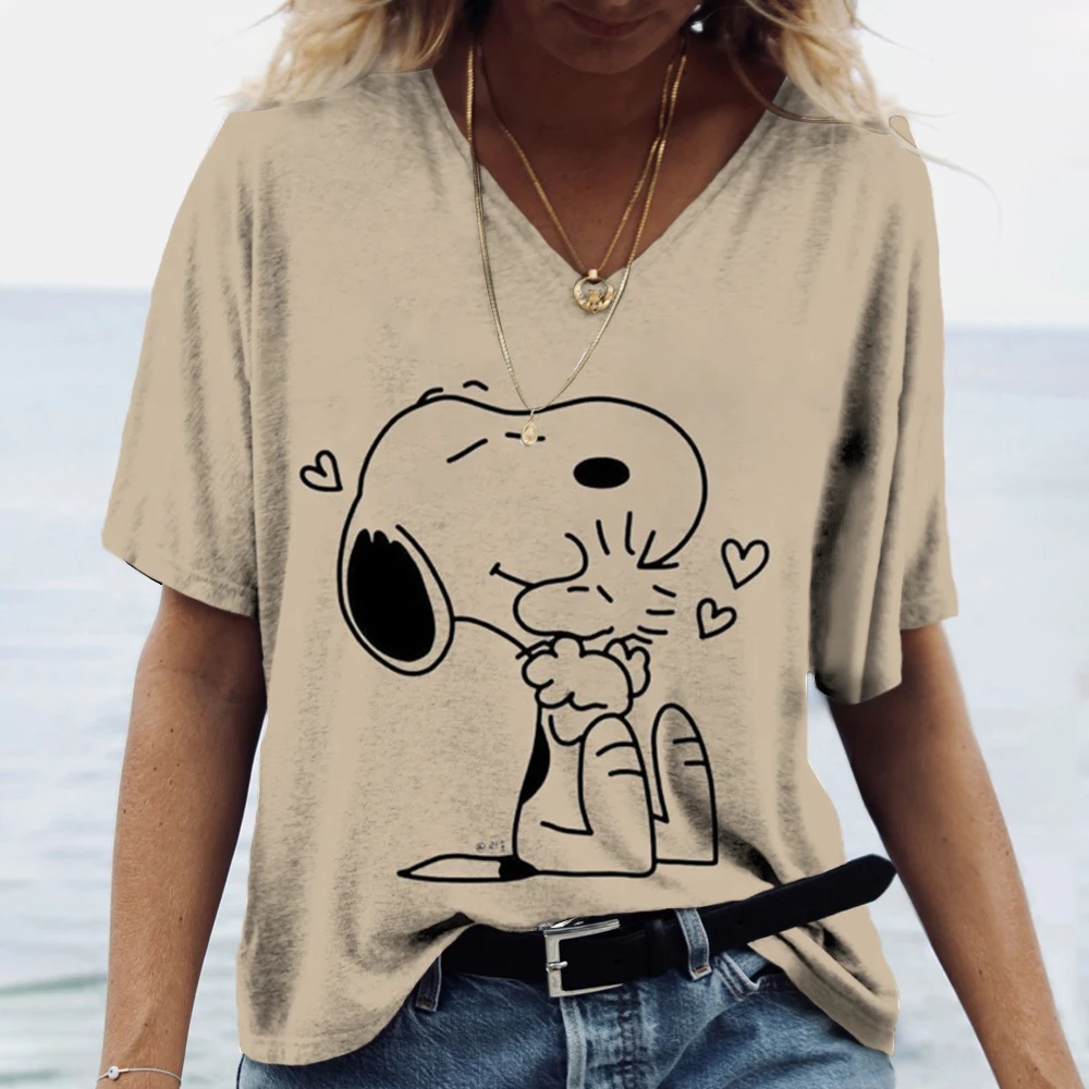 Fashionable Women\'s T-Shirts Cute Snoopy print Girl Summer Harajuku Loose Casual Clothing Kawaii V-Neck Short Sleeve T-Shirts