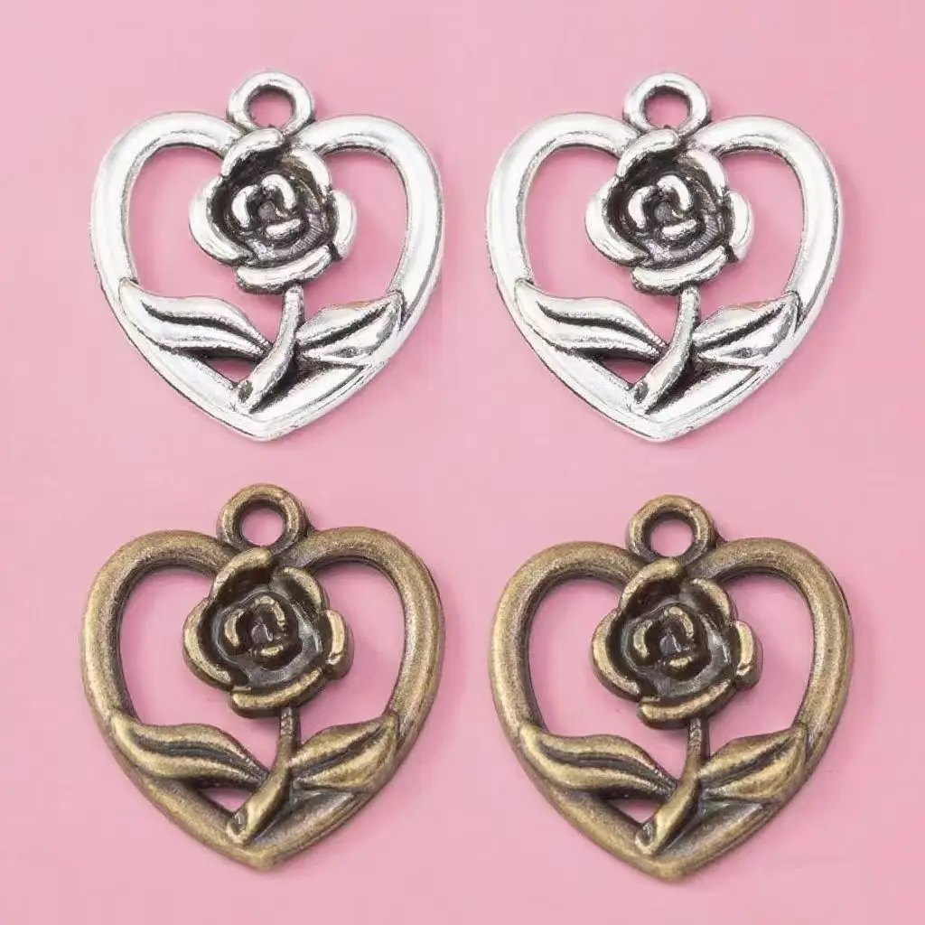 20Pcs/Lot 16x18mm Antique Bronze Silver Color Heart Flowers Charms Pendant For Jewelry Making DIY Jewelry Findings
