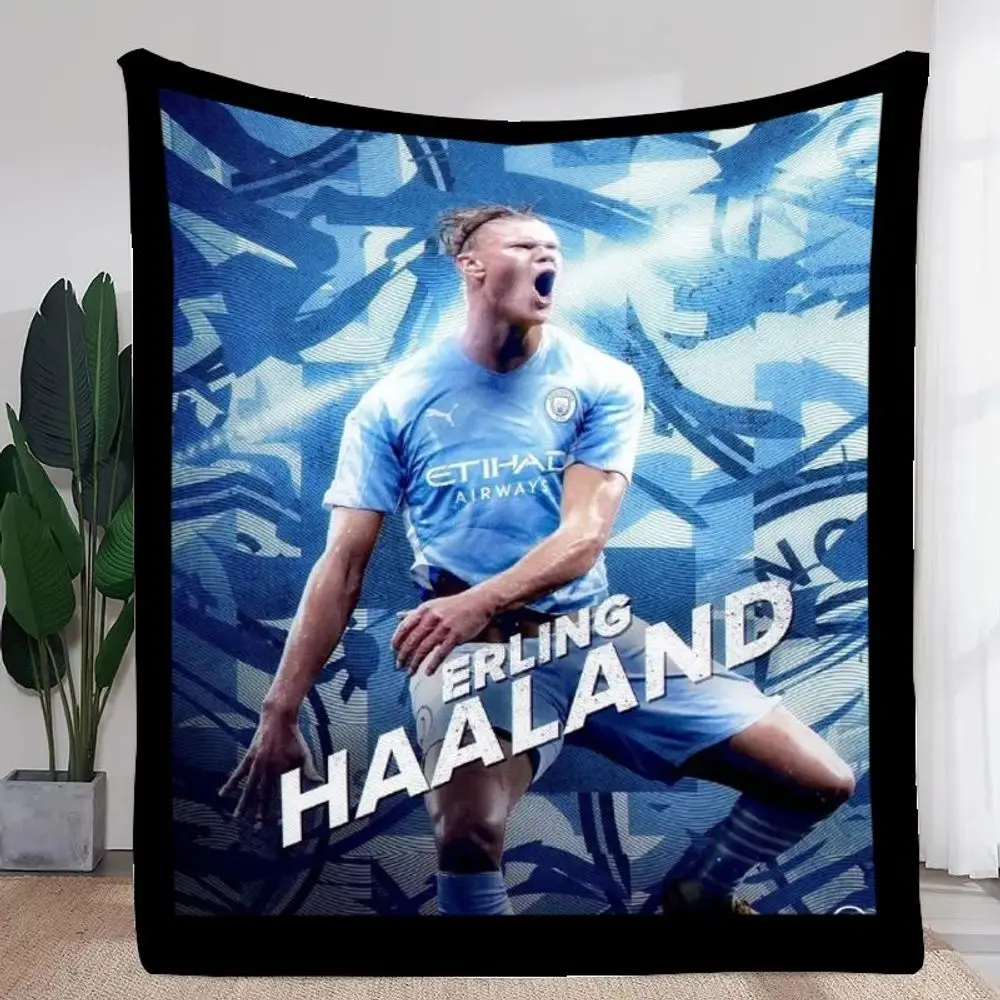 Erling Haaland Manchester City Soccer Player Blanket - Soft and Cozy Fleece Throw, Vibrant Light Blue and White Design, Perfect
