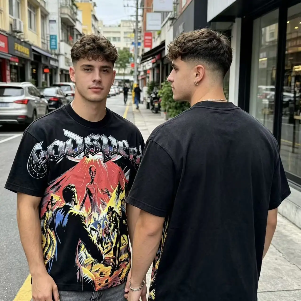 Godspeed American Retro Alien Print Streetwear Washed Cotton Short Sleeve T-Shirt Loose Fit Youthful Style Unisex T-Shirt