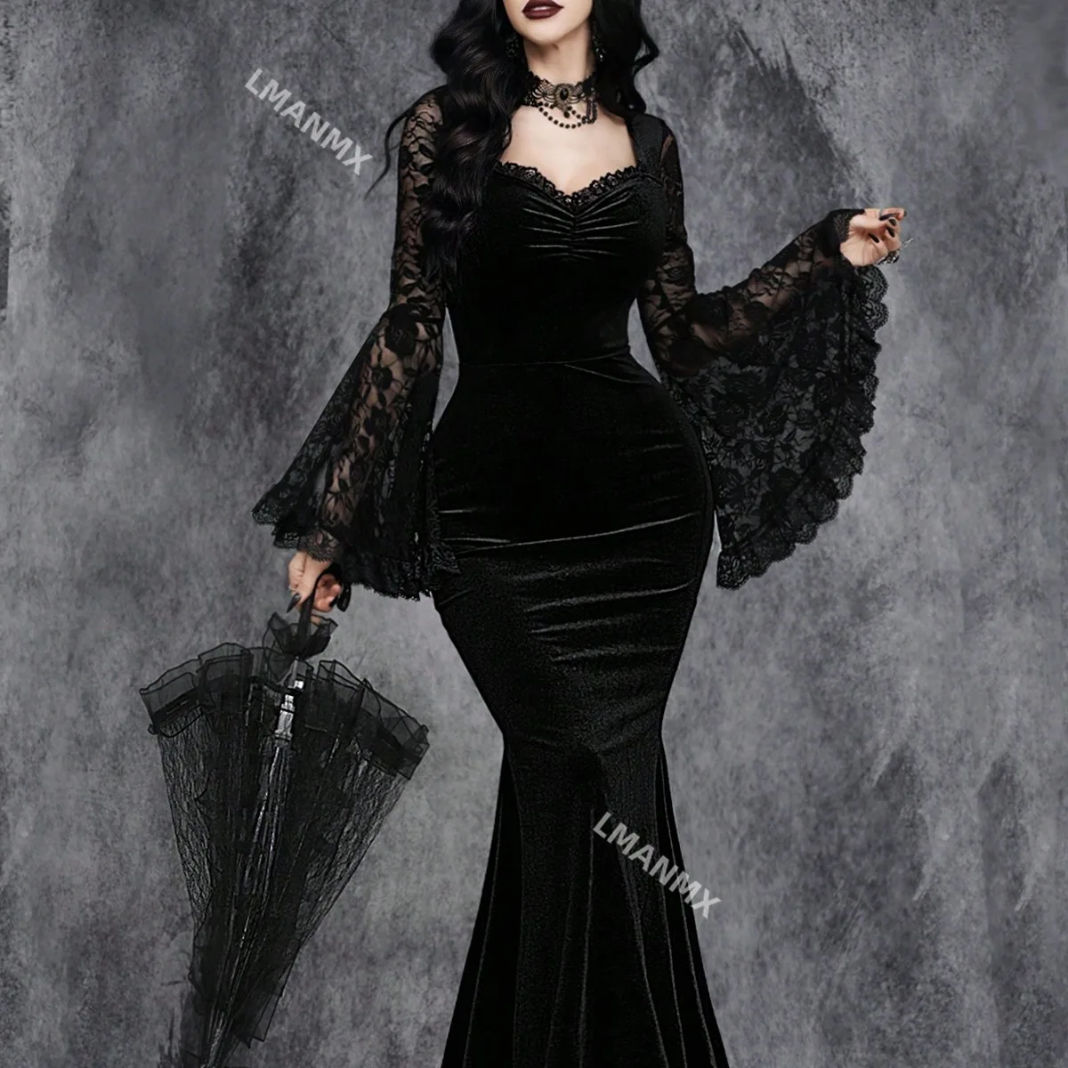 

Halloween Gothic style lace patchwork waist cinched flared sleeve dress