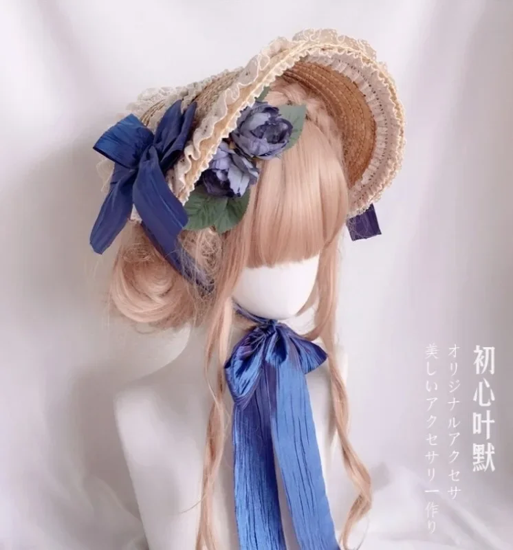 Lolita Girl\'s Elegant Lace Flowers Straw Hat Multi Colored Bonnet Flat Hat