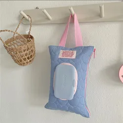 Pink Plaid Fabric Tissue Box Portable Hanging Tissue Case Living Room Container Home Car Towel Napkin Papers Bag Home Decoration