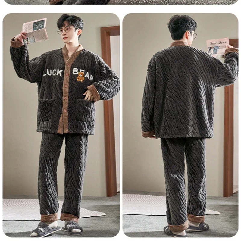 3xl inverno homem gola pijamas conjunto tamanho grande adolescente flanela casa roupas coral velo casaco calças compridas terno grosso quente pijamas