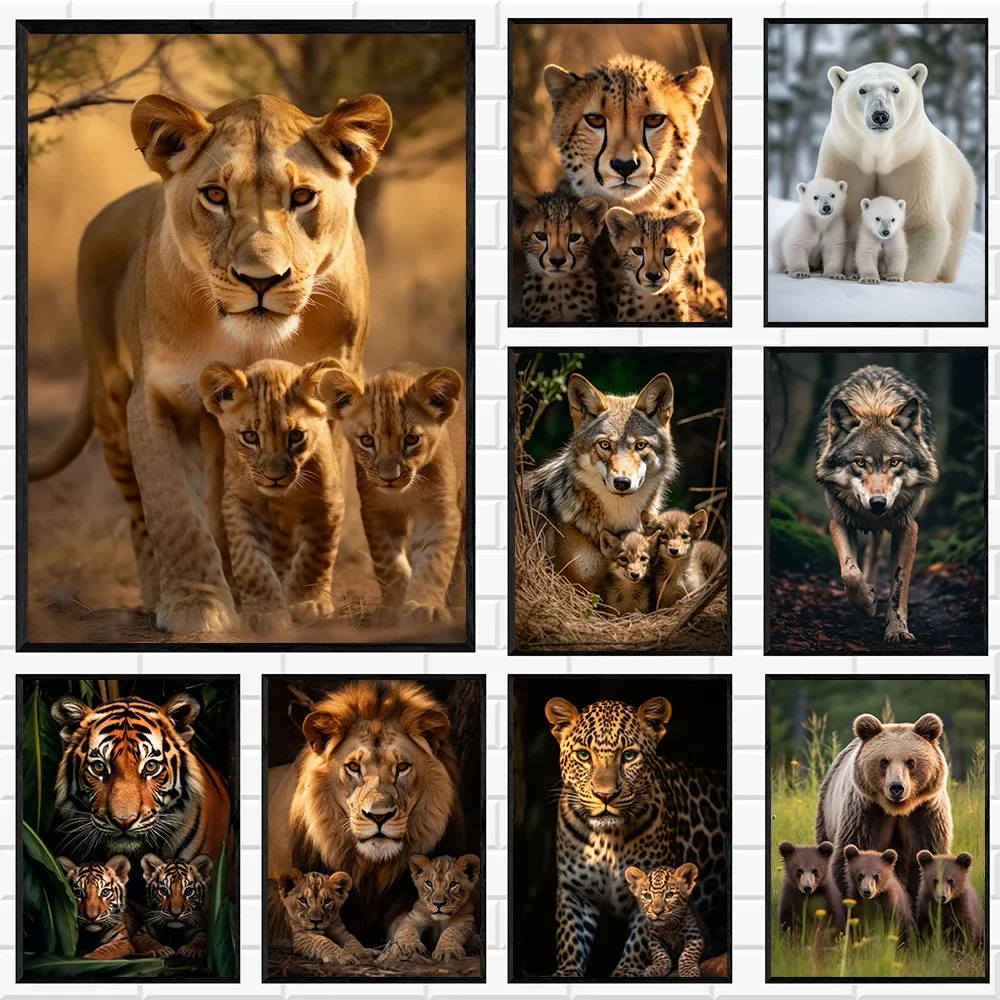 Nature Wildlife Canvas Art Print  Lions Tigers Wolf Coyote Leopard Polar Bear Family  HD Poster for Living Room Wall Decor