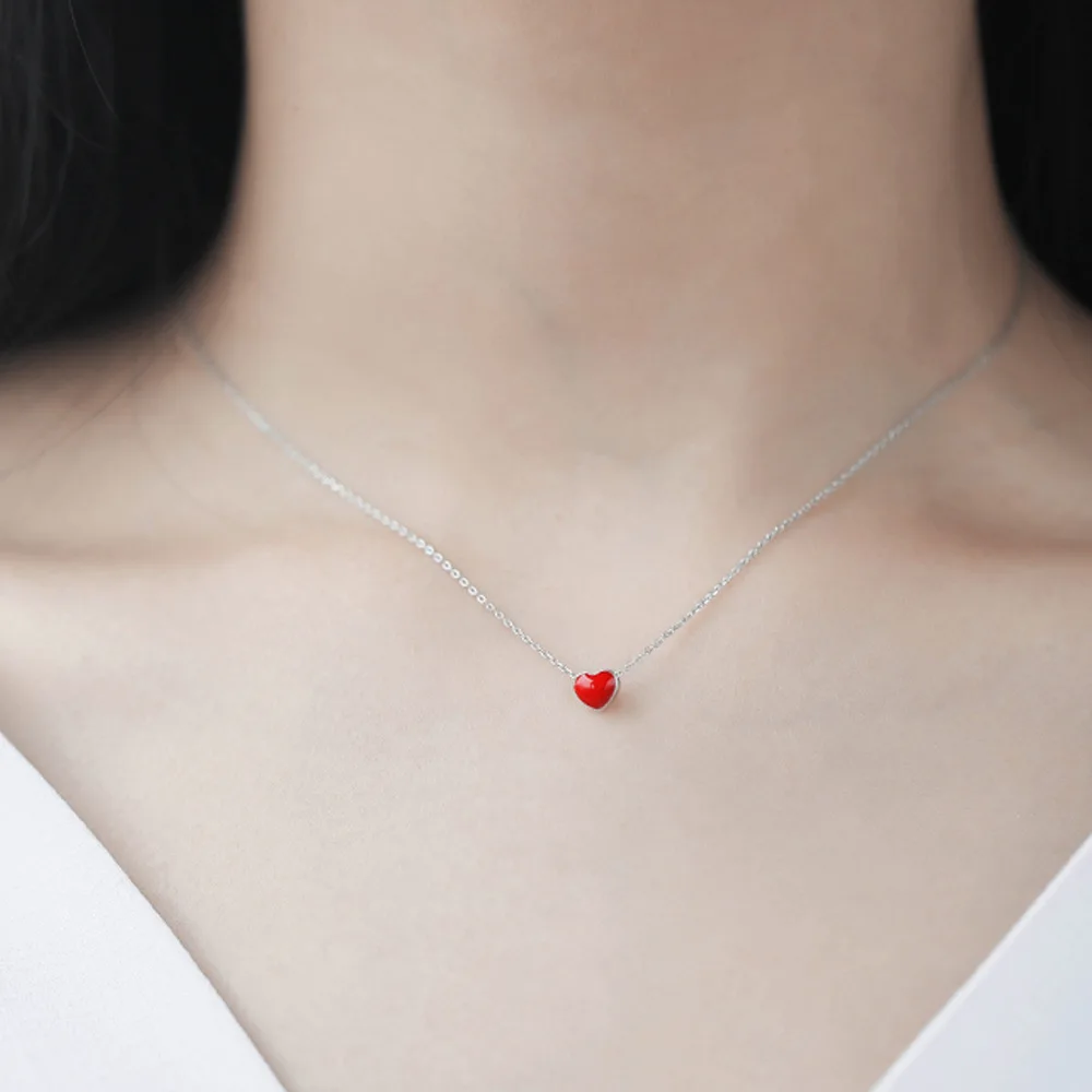 925 Sterling Silver Small Lovely Red Enamel Hearts Pendant Necklace for Women Statement Fine Party Birthday Jewelry Gift Collar