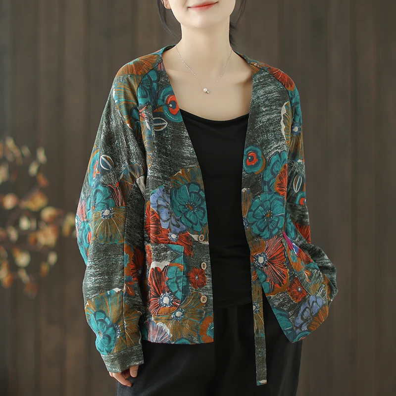 

Женский хлопковый льняной принт в стиле ретро, большие размеры, весенне-осенний открытый кардиган Faion Batwing Sve, повседневный универсальный топ