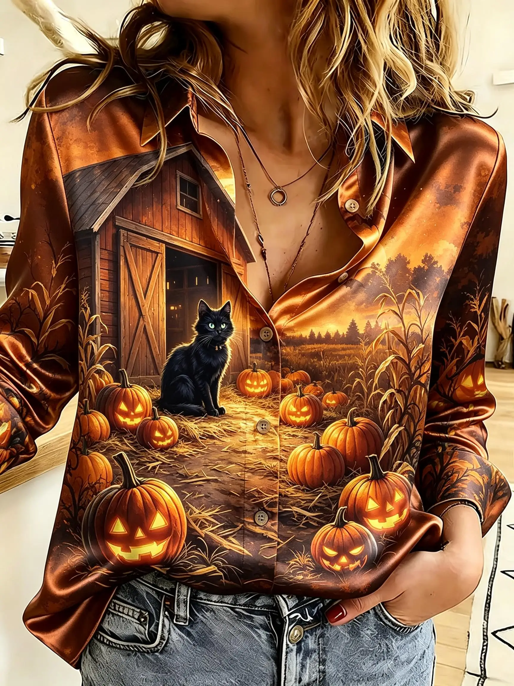 Women Halloween Fall Harvest Graphic Button Down Shirt, Turn‑down Collar Long Sleeve Casual Party Top