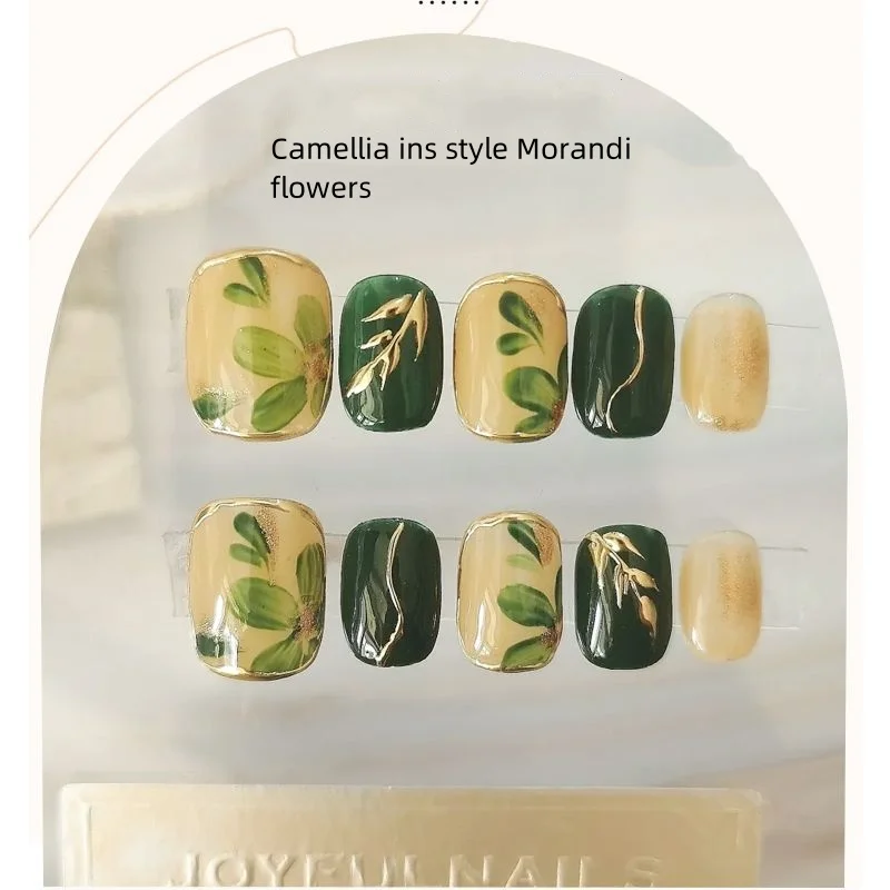 Camellia ins style Morandi flower fake nails/cute short acrylic hand-painted nails/kawaii press-on nails