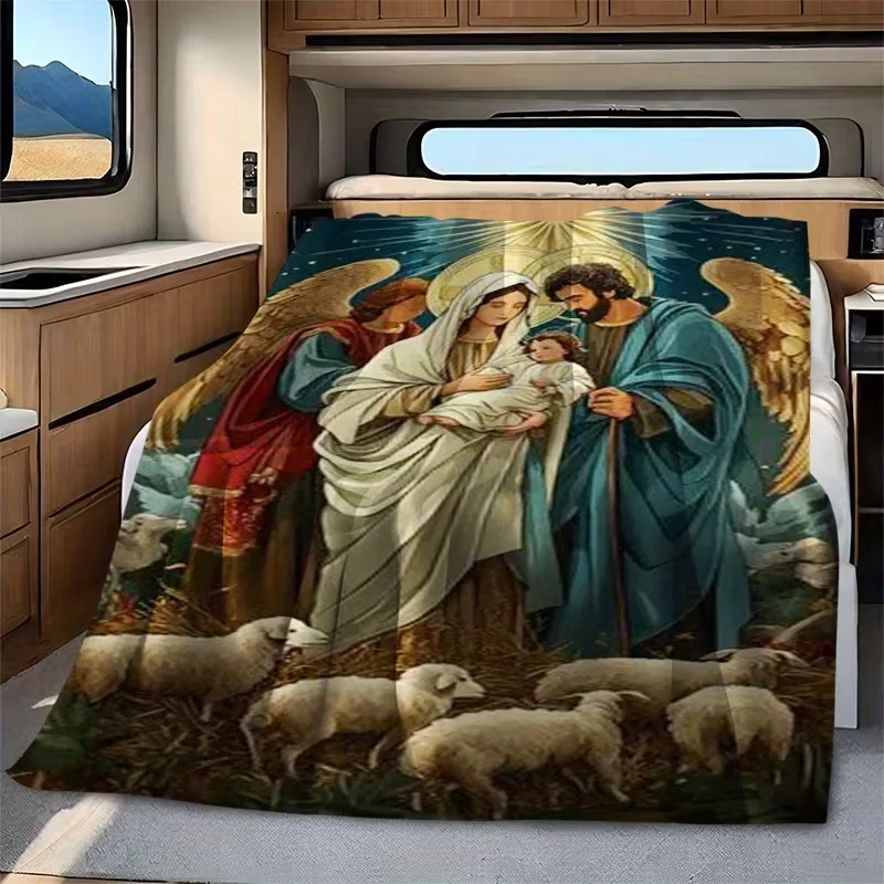 2D Flat Printing Christmas Eve Flannel Throw Blanket The Virgin Mary Warm, Bed, Camping, Travel - Machine Washable, All-Season