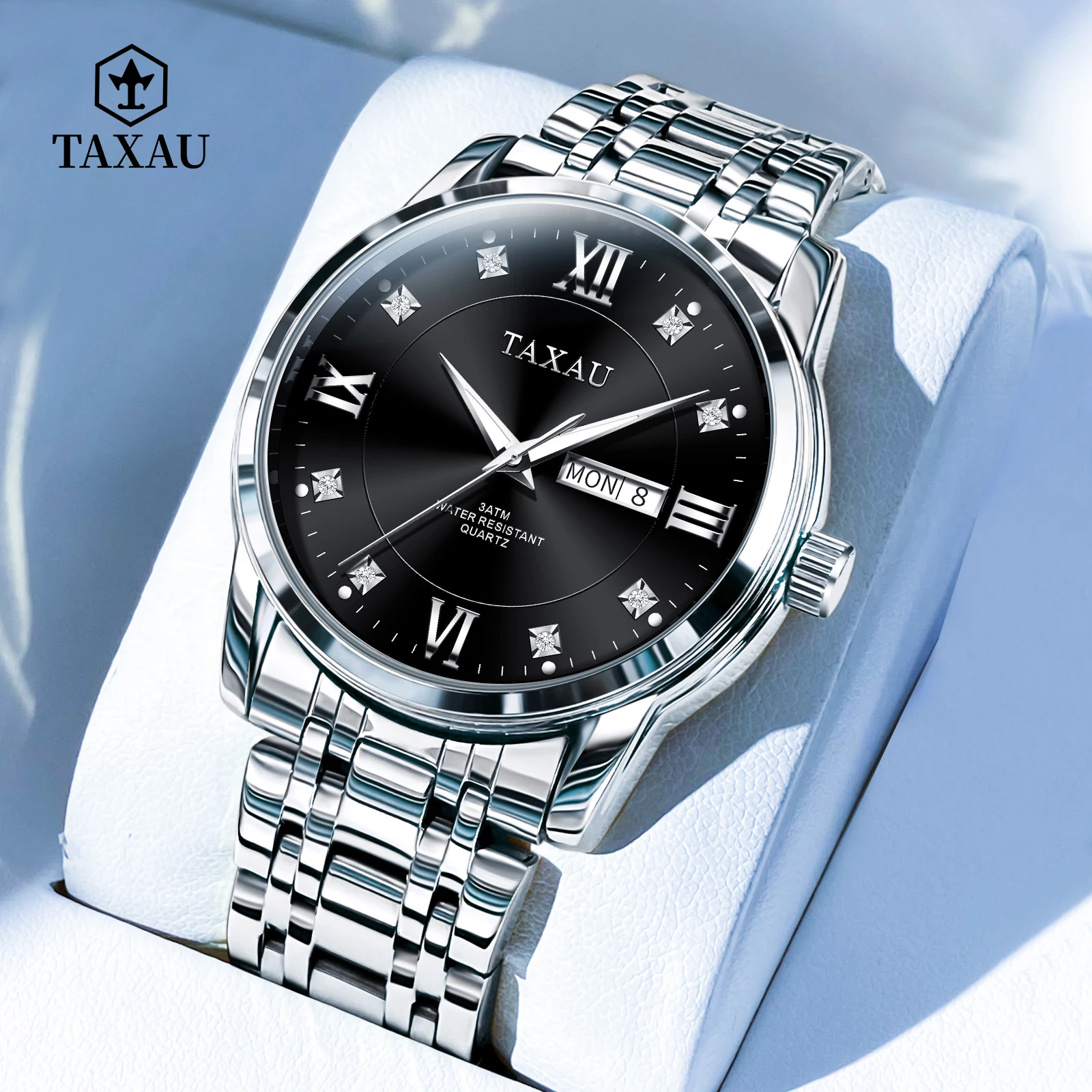 

TAXAU Высококачественные роскошные кварцевые мужские наручные часы из нержавеющей стали, повседневные модные водонепроницаемые часы с двойным календарем для мужчин