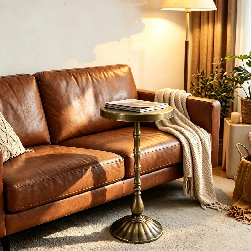 American retro copper high edge metal column sofa small round table home decoration floor small