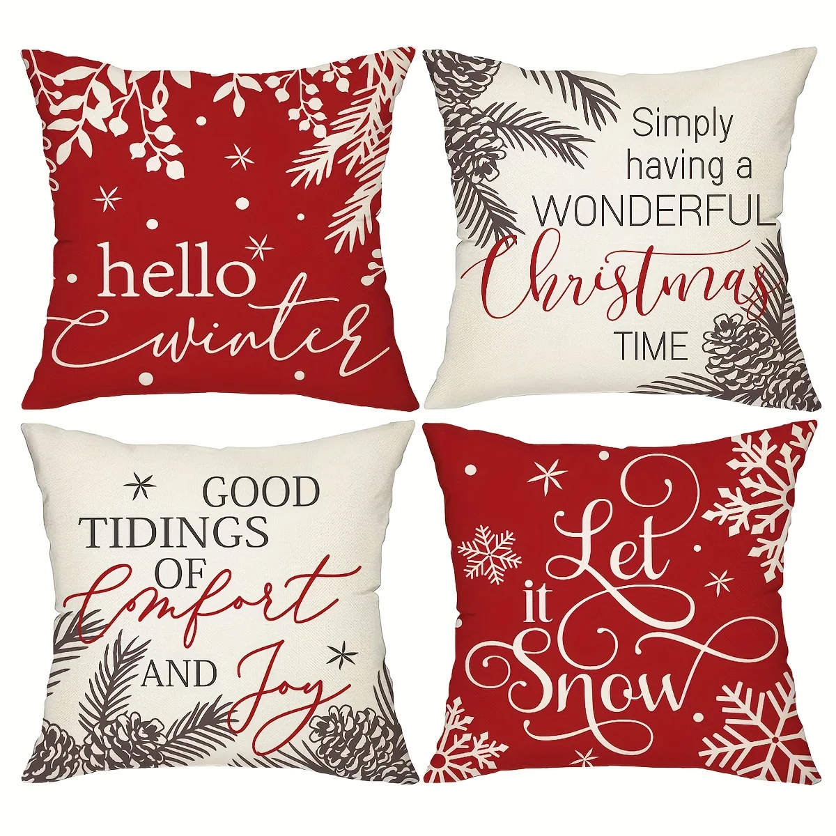 Festive 4pcs Christmas Throw Pillow Covers Set - 'Hello Winter' & 'Let It Snow' Designs, 18x18 Inches, Farmhouse Style Red Holid