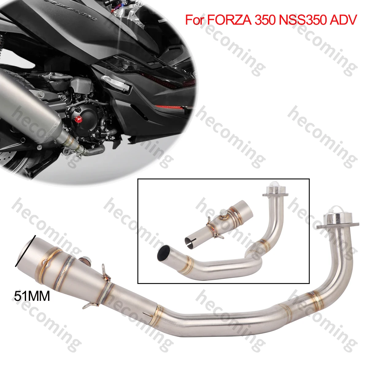 

Передняя выхлопная труба для HONDA Forza 350 FORZA 350 NSS 350 ADV, модифицированная труба глушителя Escape Moto, подходит для глушителя 51 мм