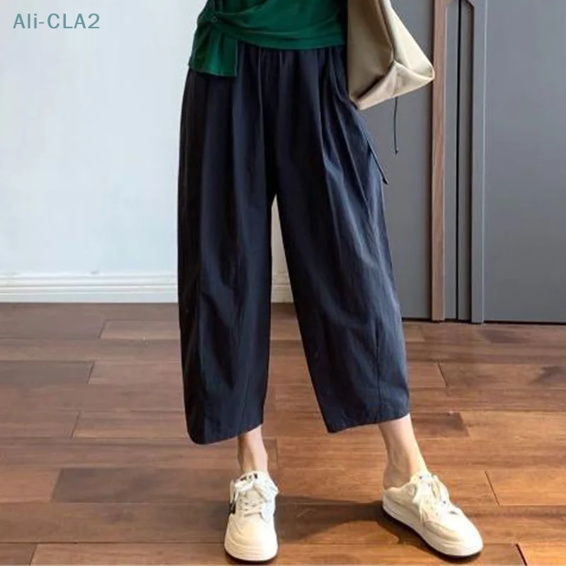 Japanese Casual Literary Loose Wide-Leg High-Waisted Cotton And Linen Nine-Point Carrot Pants For Women